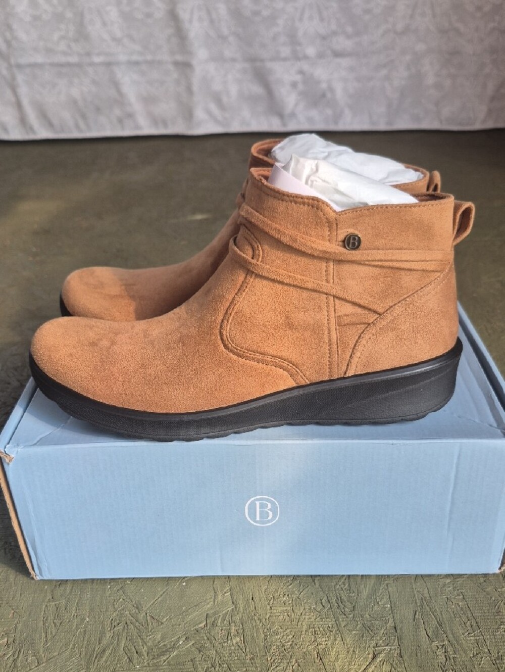 Bzees Tan Suede Ankle Booties with Black Wedge Sole - Picture 5 of 8